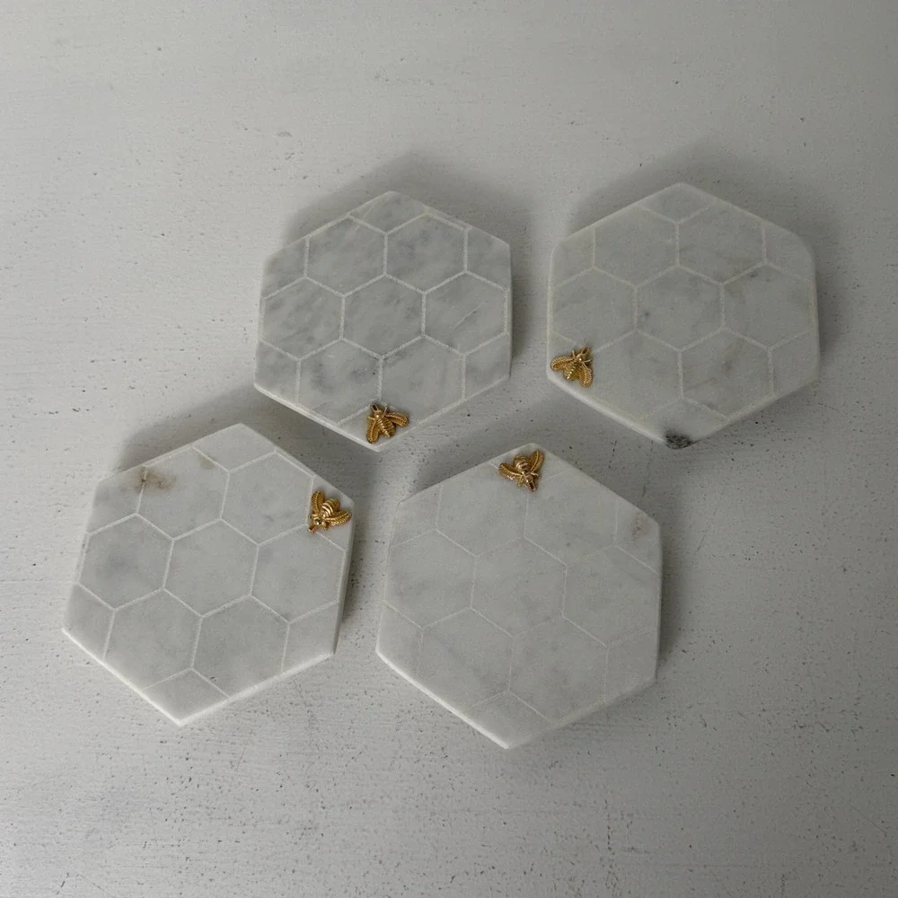 White Marble Hexagon Honeycomb Coasters with Gold Bumble Bee Accents Set of 4